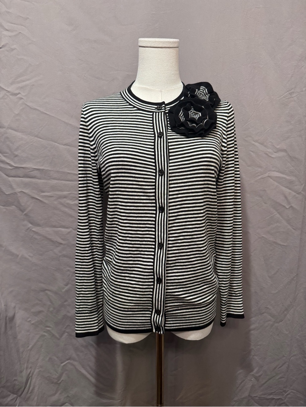 Kaye Spade Striped Cardigan with Rosette Accent - Size S